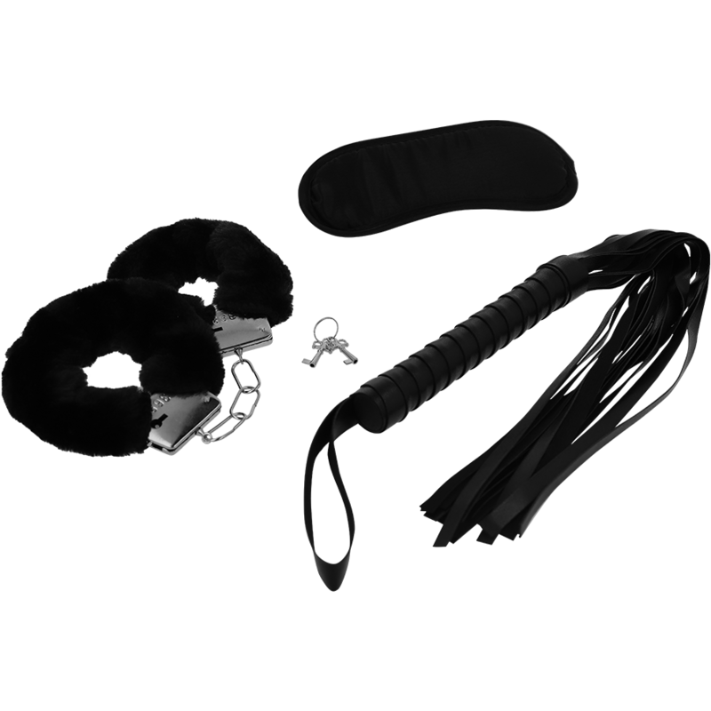 INTENSE - FETISH EROTIC SET 1 WITH HANDCUFFS, EYELASH MASK AND VEGAN LEATHER WHIP