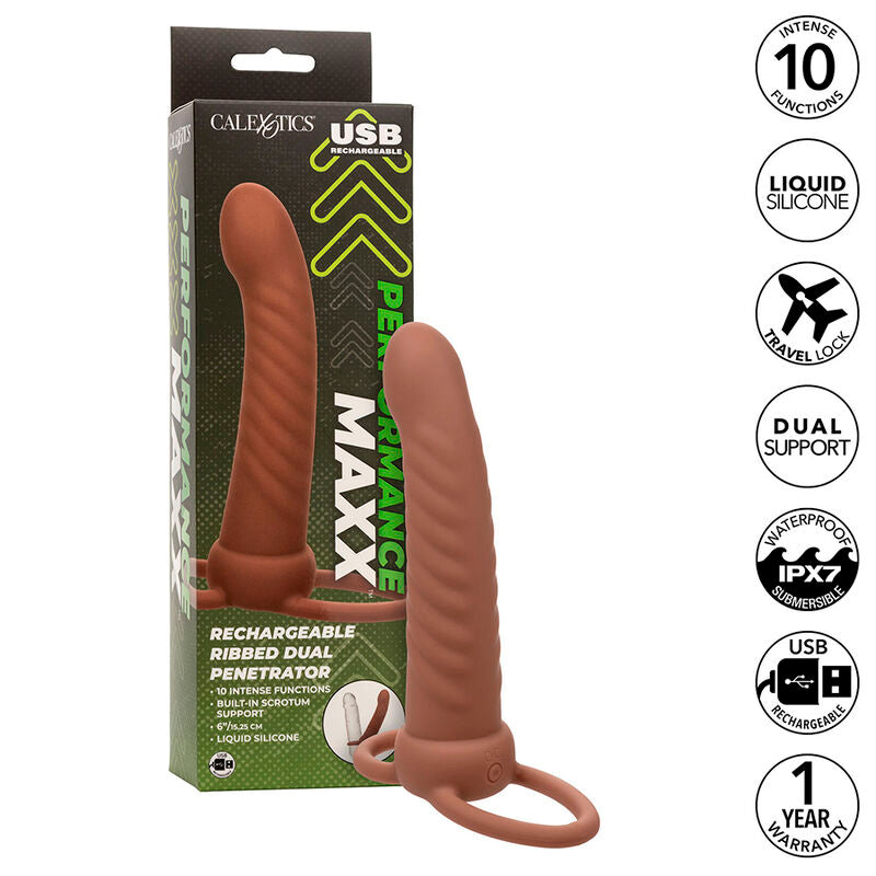 CALEXOTICS - MAXX DOUBLE RIBBED PENETRATOR 10 VIBRATIONS MULATTO