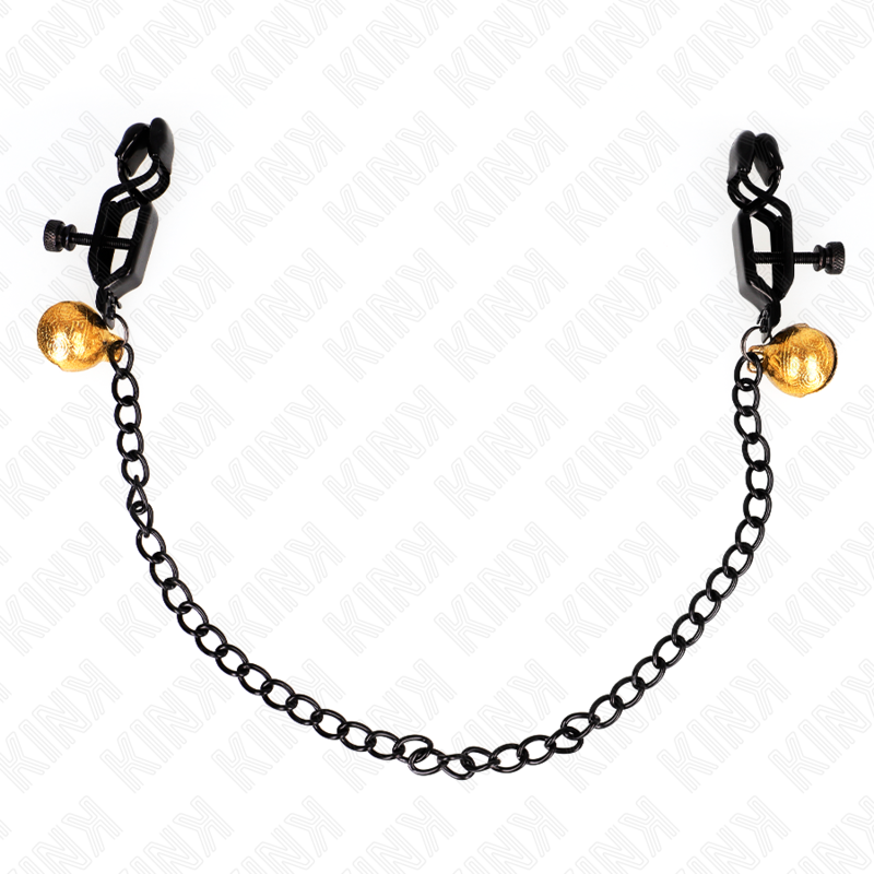 KINK - BLACK FLAT NIPPLE CLAMPS WITH SILVER BELL AND CHAIN 30 CM