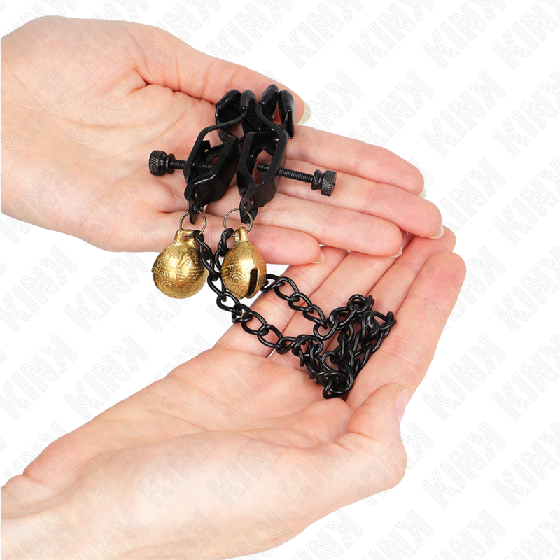 KINK - BLACK FLAT NIPPLE CLAMPS WITH SILVER BELL AND CHAIN 30 CM