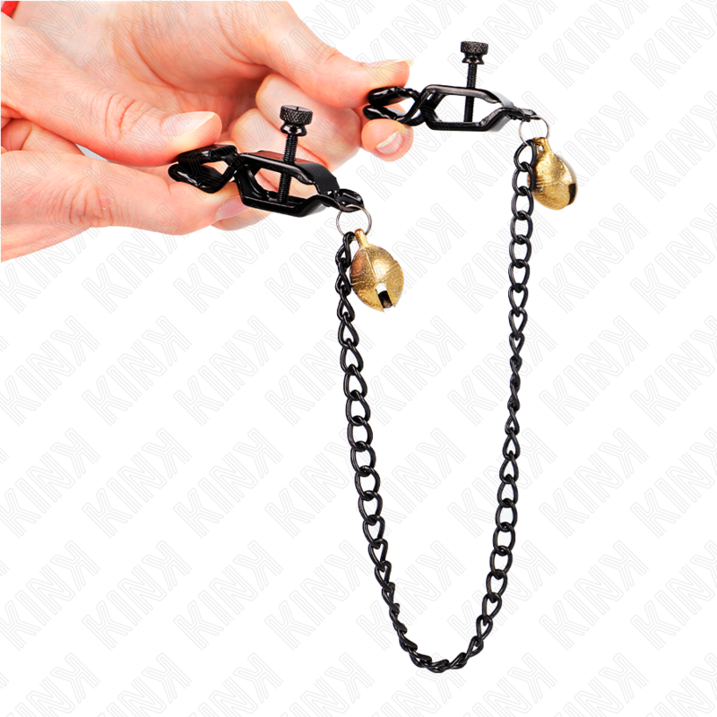 KINK - BLACK FLAT NIPPLE CLAMPS WITH SILVER BELL AND CHAIN 30 CM