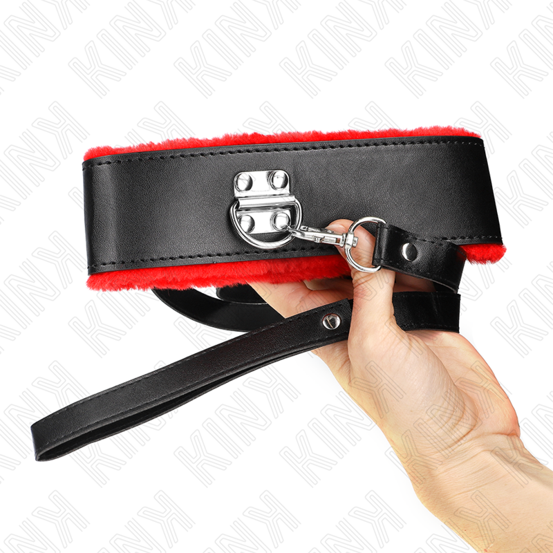 KINK - 116 CM RED LEATHER COLLAR WITH LEASH ADJUSTABLE 40-48 CM X 6 CM