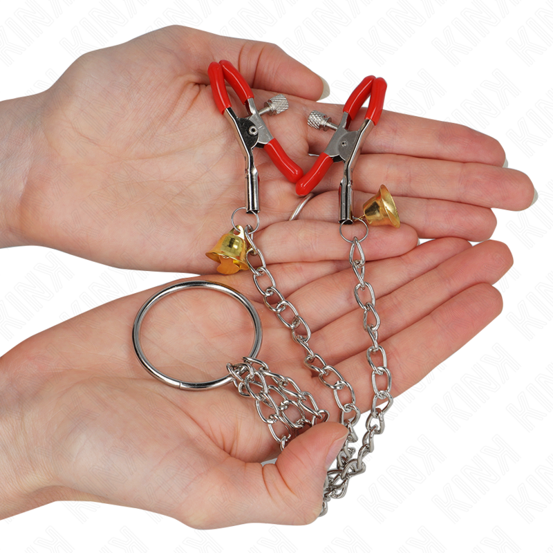 KINK - RED NIPPLE AND CLITORIS CLAMPS WITH GOLD BELL AND CHAIN 30 CM