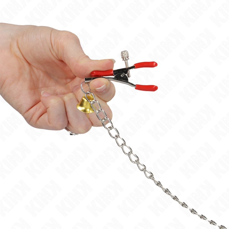 KINK - RED NIPPLE AND CLITORIS CLAMPS WITH GOLD BELL AND CHAIN 30 CM