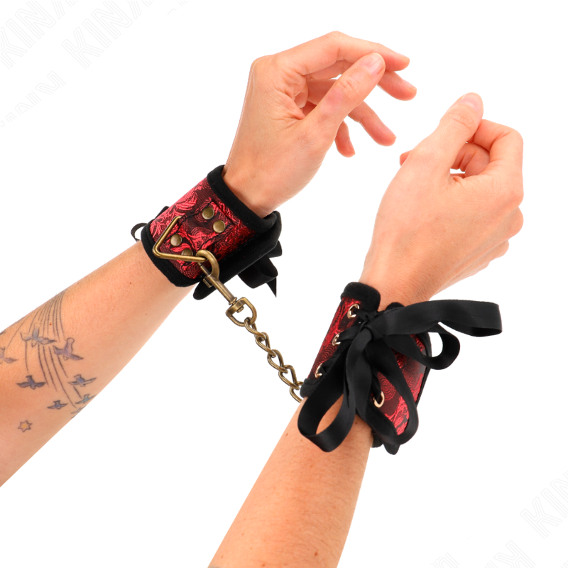 KINK - RED-BLACK SCANDAL DESIGN WRISTBANDS WITH BOW DETAIL 24.5 CM X 6.5 CM