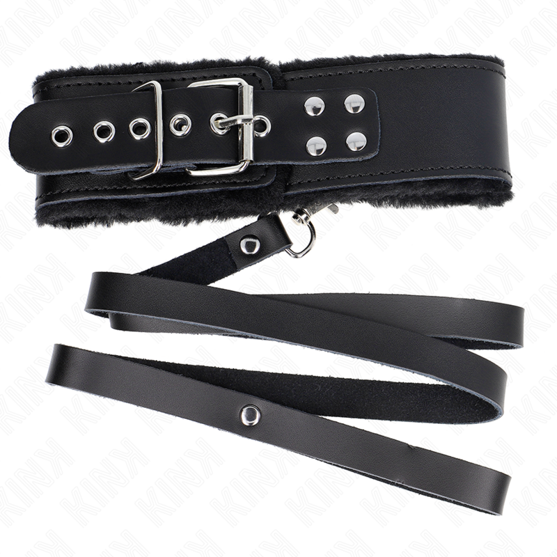 KINK - 116 CM BLACK LEATHER COLLAR WITH LEASH ADJUSTABLE 40-48 CM X 6 CM