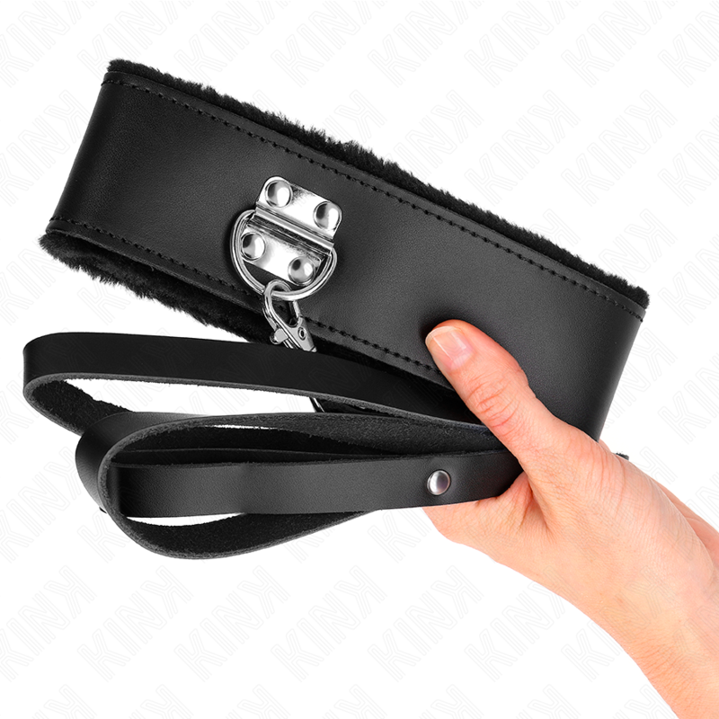 KINK - 116 CM BLACK LEATHER COLLAR WITH LEASH ADJUSTABLE 40-48 CM X 6 CM