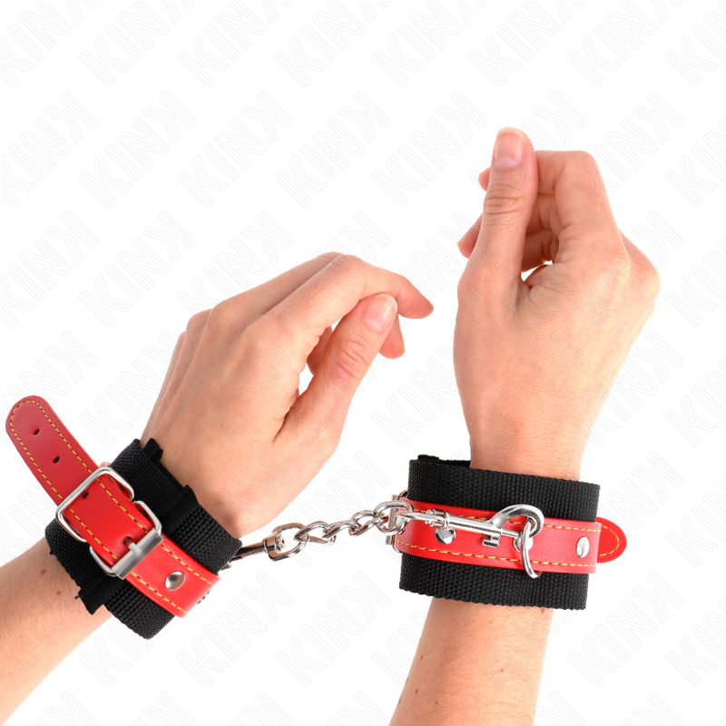 KINK - BLACK NYLON WRISTBANDS WITH ADJUSTABLE RED LEATHERETTE STRAP 19-24 CM X 5.5 CM