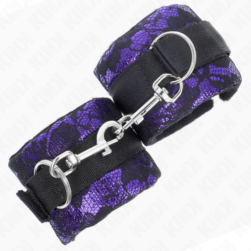 KINK - SHORT WRISTBANDS WITH VELVET LACE AND NYLON BINDING, VIOLET/BLACK, 23 X 6.5 CM