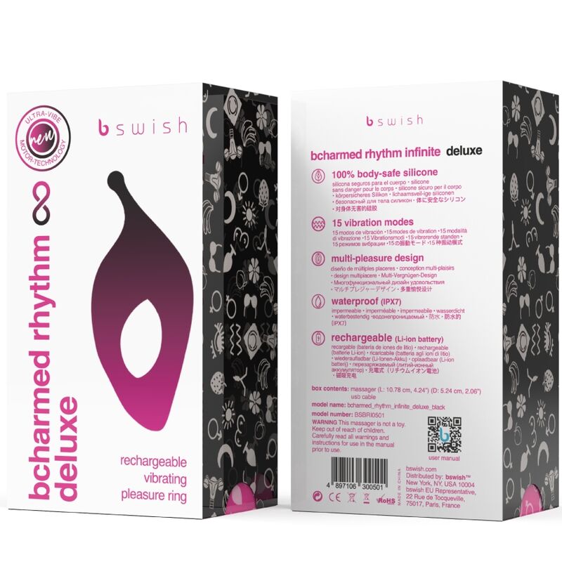 B SWISH - BCHARMED RHYTHM INFINITE DELUXE COCK RING 15 VIBRATIONS BLACK