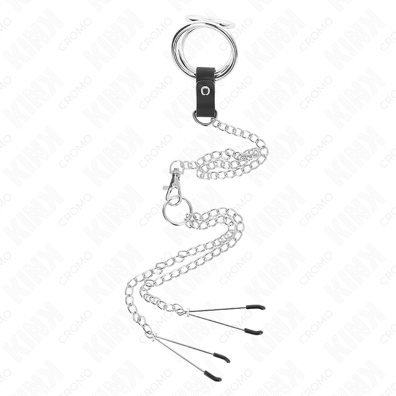 KINK - TRIPLE CHROME METAL COCK RING 3 CM TO 4.5 CM WITH 26 CM METAL CHAIN AND NIPPLE CLAMPS