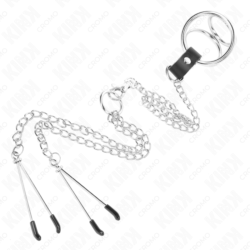 KINK - TRIPLE CHROME METAL COCK RING 3 CM TO 4.5 CM WITH 26 CM METAL CHAIN AND NIPPLE CLAMPS