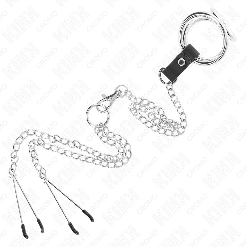KINK - TRIPLE CHROME METAL COCK RING 3.8 CM TO 5 CM METAL CHAIN 26 CM AND NIPPLE CLAMPS MODEL 2