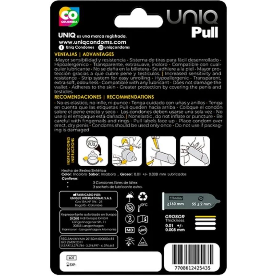 UNIQ - PULL PRESERVATIVOS CON TIRAS SIN LATEX 3 UNIDADES