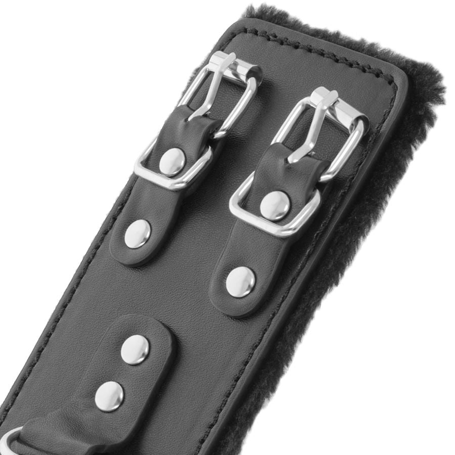 DARKNESS - ADJUSTABLE BLACK LEATHER LINED HANDCUFFS