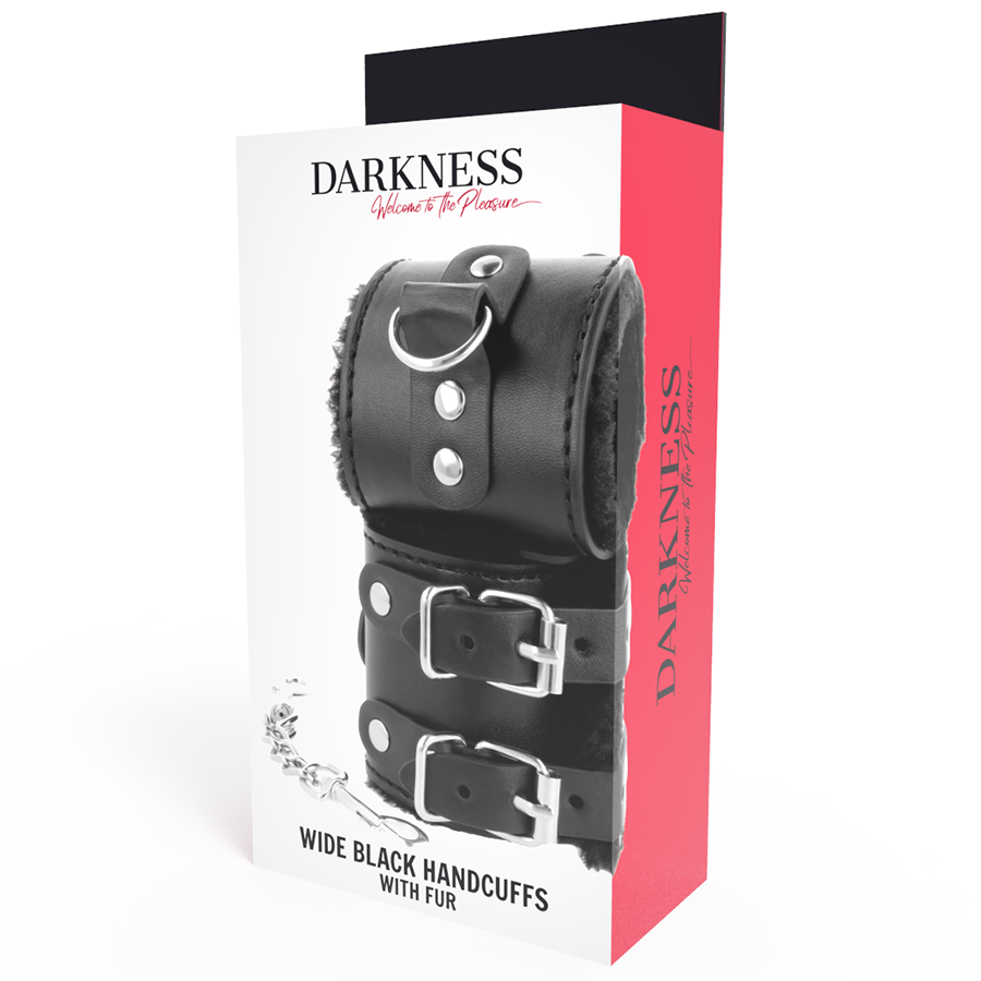 DARKNESS - ADJUSTABLE BLACK LEATHER LINED HANDCUFFS