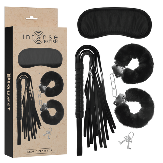 INTENSE - FETISH EROTIC SET 1 WITH HANDCUFFS, EYELASH MASK AND VEGAN LEATHER WHIP