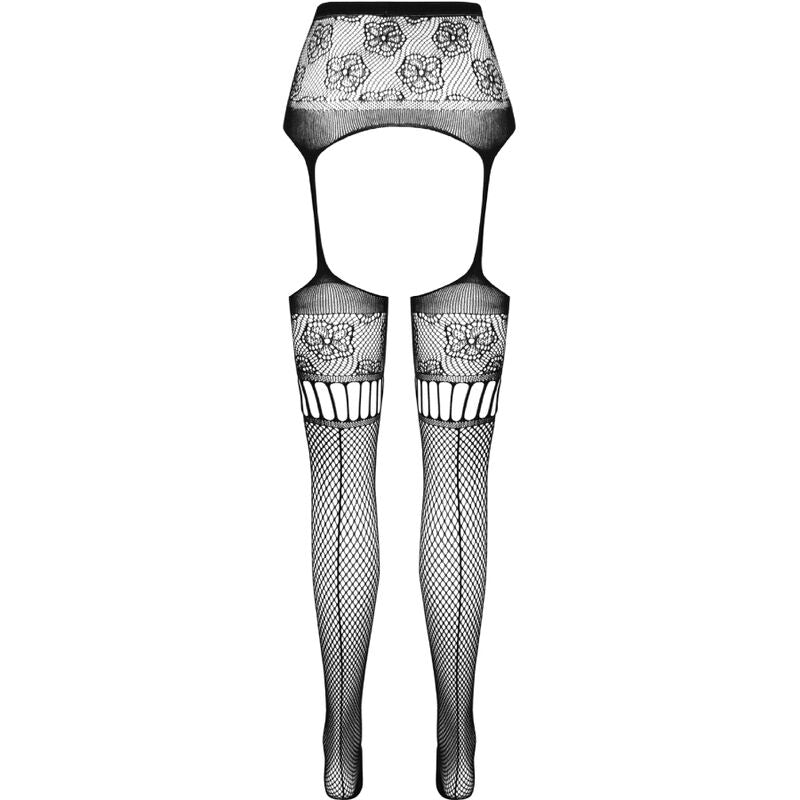 PASSION - S030 BLACK STOCKINGS WITH GARTER BELT ONE SIZE