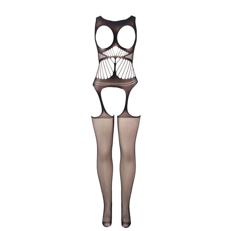 SUBBLIME - 951900 Fishnet Crotchless Bodystocking with Cup and Open Shoulders, Black, One Size