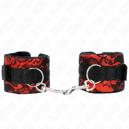 KINK - SHORT WRISTBANDS WITH VELVET LACE AND NYLON BINDING, RED/BLACK, 23 X 6.5 CM