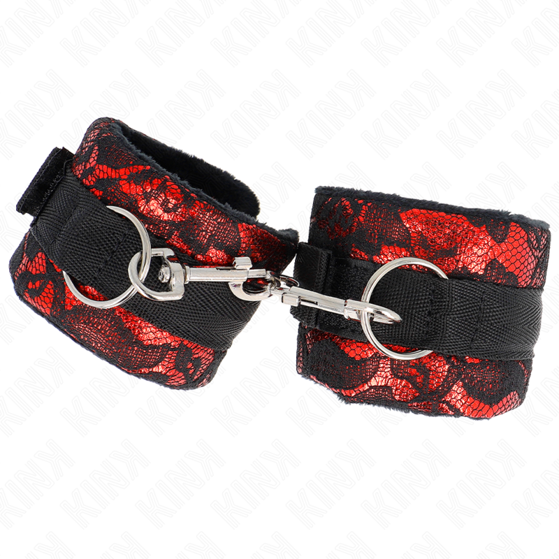 KINK - SHORT WRISTBANDS WITH VELVET LACE AND NYLON BINDING, RED/BLACK, 23 X 6.5 CM