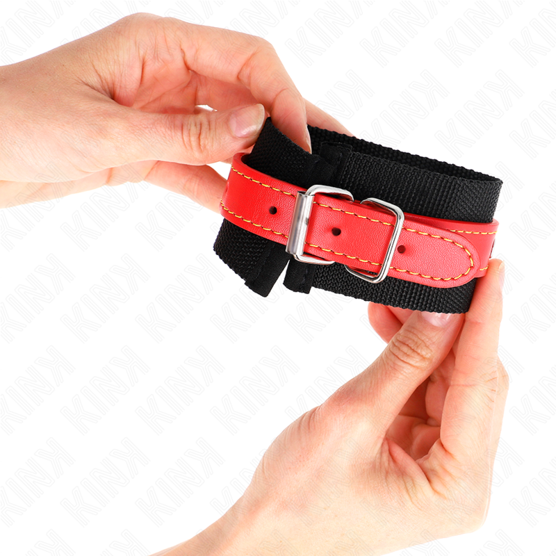 KINK - BLACK NYLON WRISTBANDS WITH ADJUSTABLE RED LEATHERETTE STRAP 19-24 CM X 5.5 CM