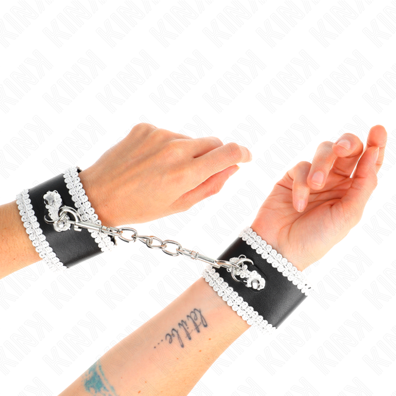 KINK - BLACK WRISTBANDS WITH ADJUSTABLE WHITE DECORATIVE LACE 20-23 CM X 5.5 CM
