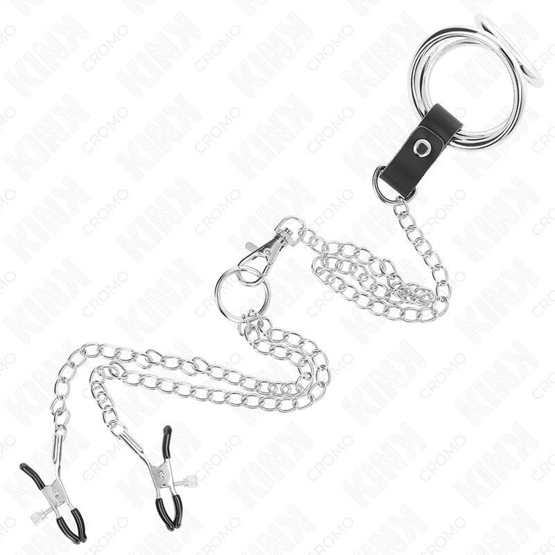 KINK - TRIPLE CHROME METAL COCK RING 3.8 CM TO 5 CM WITH 26 CM METAL CHAIN ​​AND NIPPLE CLAMPS MODEL 1