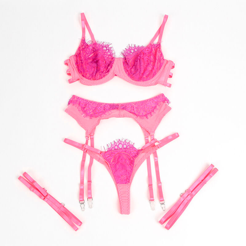 SUBBLIME - 955366 PINK AND PURPLE L/XL LACE BRA AND GARTER BELTS SET