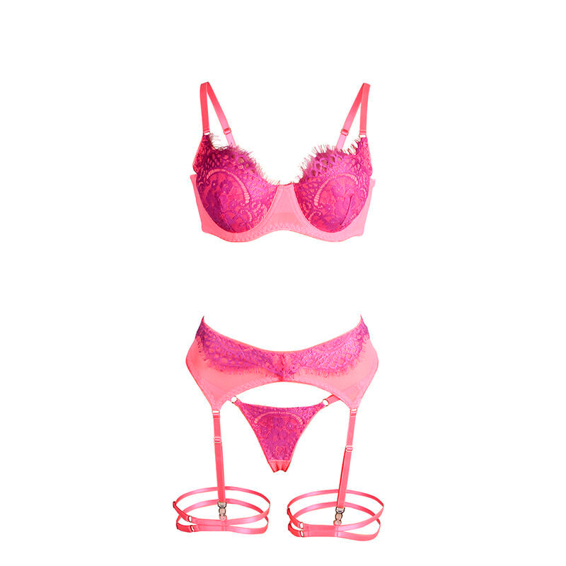 SUBBLIME - 955366 PINK AND PURPLE L/XL LACE BRA AND GARTER BELTS SET