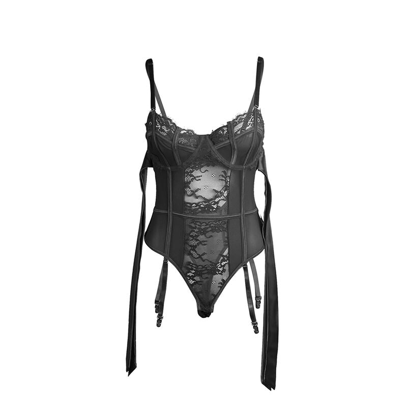 SUBBLIME - 955496 LACE BODYSUIT WITH BOWS AND GARTER STRAP BLACK S/M