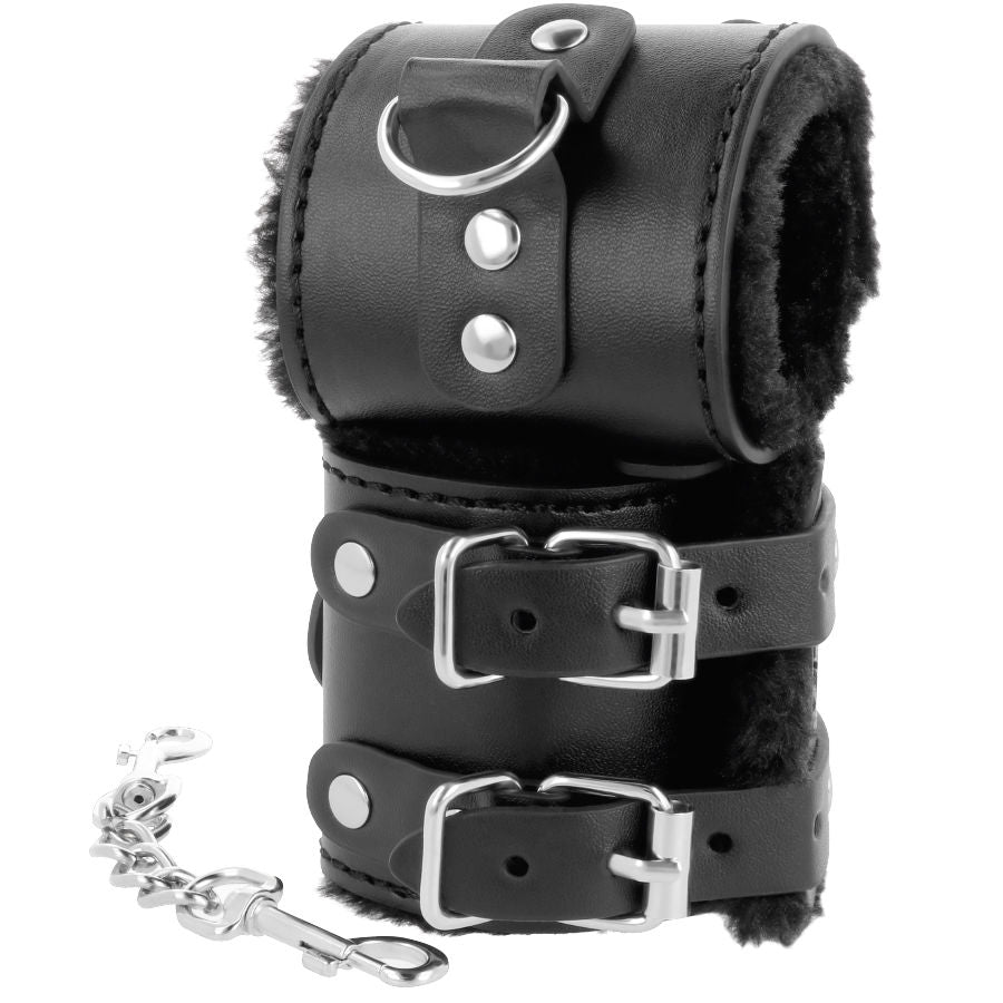 DARKNESS - ADJUSTABLE BLACK LEATHER LINED HANDCUFFS