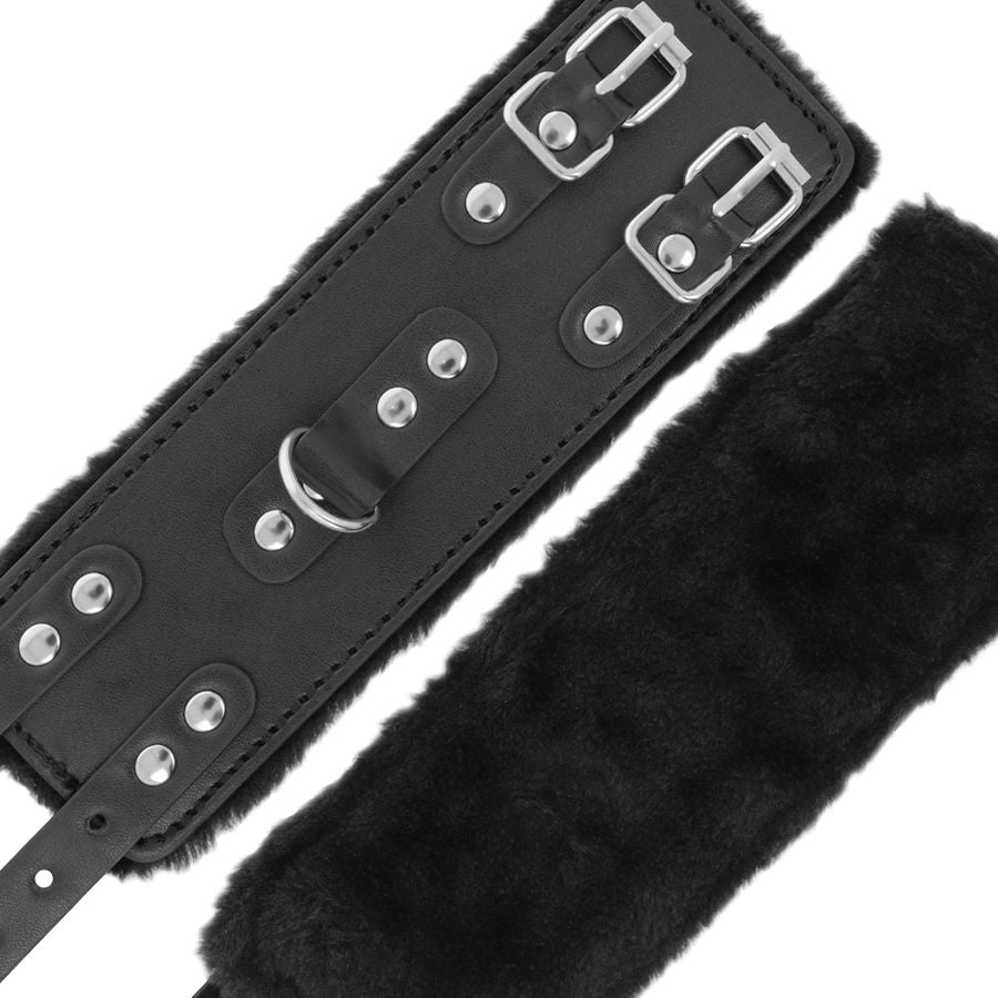 DARKNESS - ADJUSTABLE BLACK LEATHER LINED HANDCUFFS